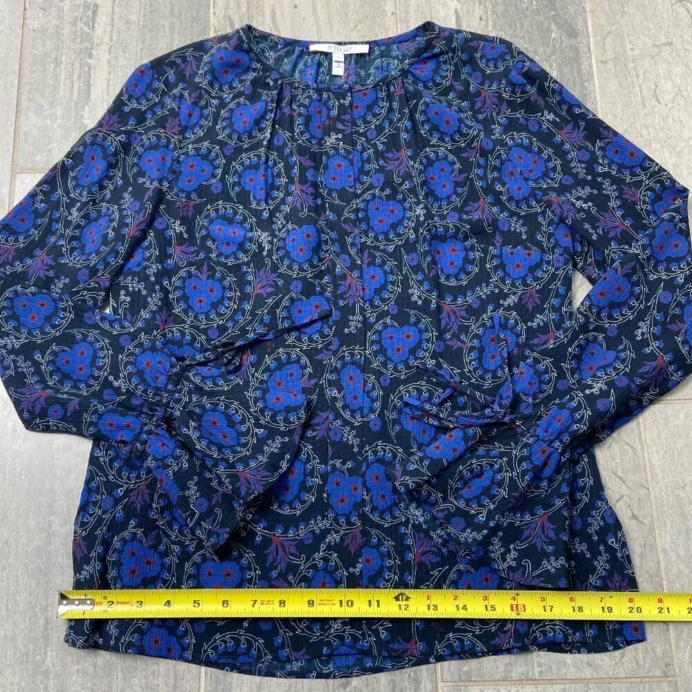 Derek Lam 10 Crosby Poet Floral Sheer Ruffle Sleeve Silk Blouse Blue Black Sz 6 - Picture 8 of 10